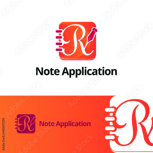 Letter R on book note and note pad with pen for writing logo concept design © Anggit