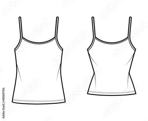 Set of Camisoles scoop neck cotton-jersey top technical fashion illustration with thin adjustable straps, slim and oversized fit, tunic length. Flat tank front white color. Women men CAD mockup