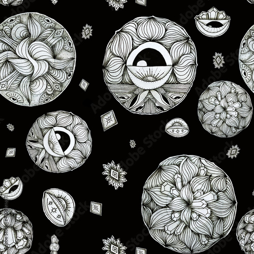 Seamless pattern with a liner on a solid background. Mandala and botanical pattern, flowers and abstraction