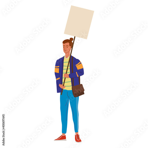 Protester man holding empty banner. Activist protesting, political meeting, strike human rights. Vector illustration