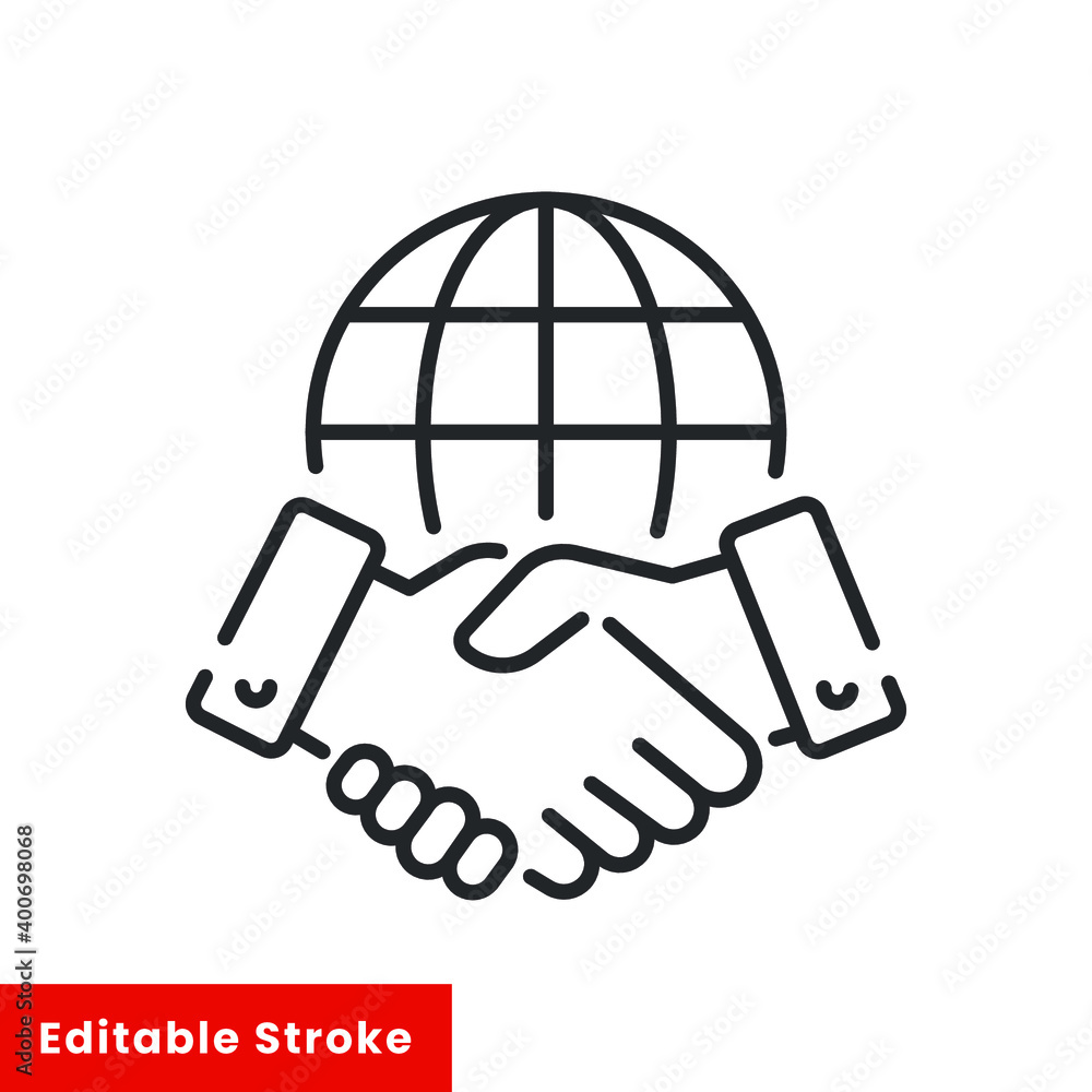 Line icon style business agreement. Hand shake with globe for deal contract, International partnership, Global business teamwork. Simple outline Vector illustration. Editable stroke EPS 10