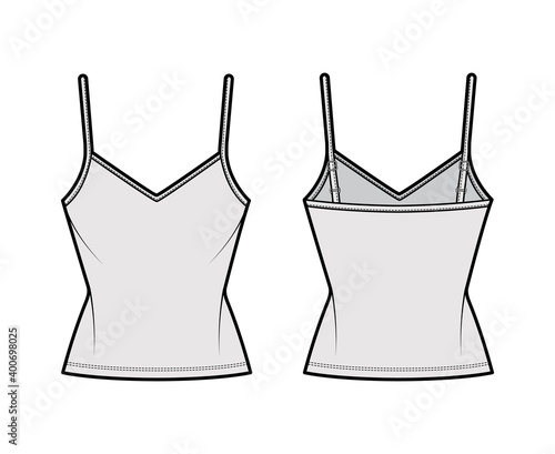Camisole V-neck cotton-jersey top technical fashion illustration with thin adjustable straps, slim fit, tunic length. Flat outwear tank template front, back, grey color. Women men unisex CAD mockup