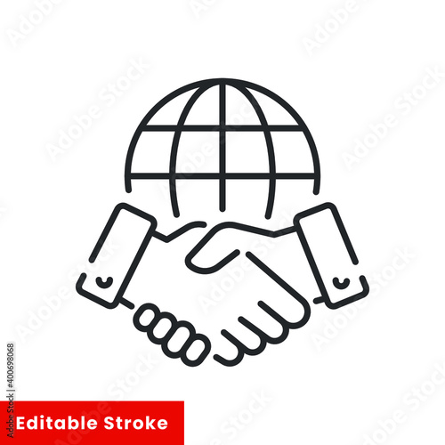 Line icon style business agreement. Hand shake with globe for deal contract, International partnership, Global business teamwork. Simple outline Vector illustration. Editable stroke EPS 10
