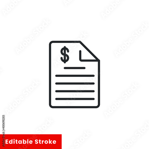 Cashier receipt icon. ATM machine receipt. paper shop receipt with Dollar symbol for slip or bill payment. Line style pictogram. Editable stroke. Vector illustration. Design on white background. EPS10