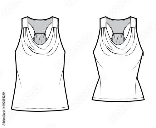 Set of Tanks racerback cowl crop tops technical fashion illustration with ruching, oversized and fitted body, tunic length. Flat outwear shirt template front, white color. Women, men CAD mockup