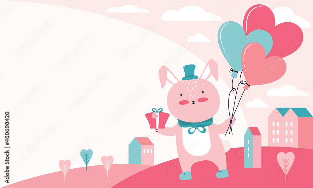 Obraz premium Happy valentine's Day horizontal banner or card. Pink rabbit with gift and balloons in form of heart on the background of a urban landscape. Cartoon character animal in love. Bunny with valentine.