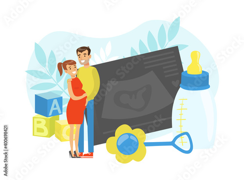 Happy Pregnant Woman and Man Expecting Baby Standing Together Vector Illustration