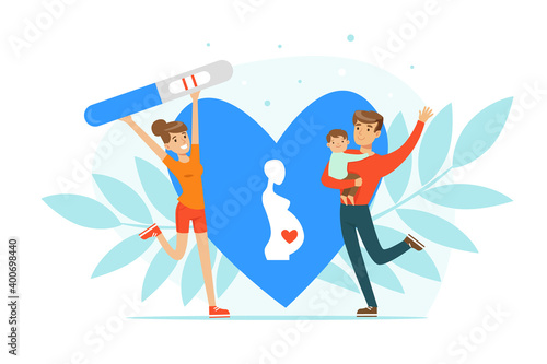 Happy Man and Woman Rejoicing Because of Positive Pregnancy Test Vector Illustration