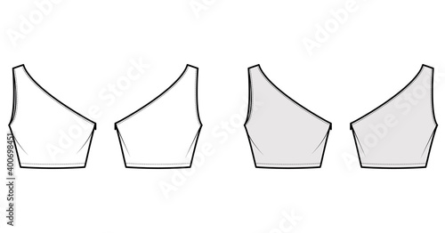One-shoulder crop top tank technical fashion illustration with fitted slim body, waist length. Flat outwear shirt apparel template front, back, white grey color. Women, men unisex CAD mockup