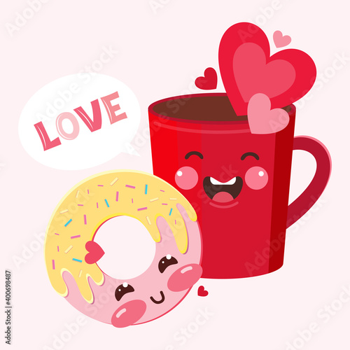 Funny love characters red coffee mug and donut. Sweet romantic couple feel happy and joyful. Hearts characters as symbols and concept love. Banner or card for valentine's day. Vector flat illustration