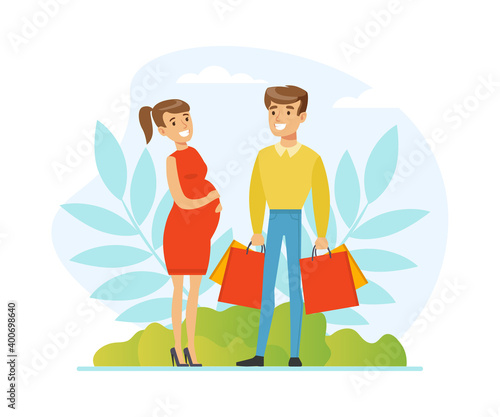 Happy Pregnant Woman and Man Expecting Baby Shopping Together Vector Illustration