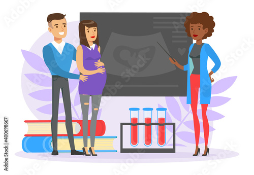 Pregnant Woman and Man Expecting Baby Consulting Gynecologist at Medical Perinatal Centre Vector Illustration