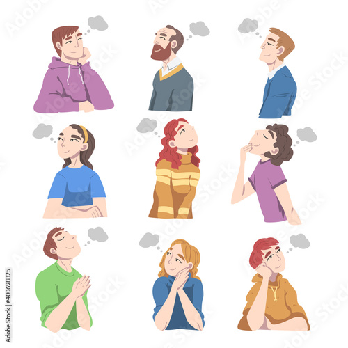 People Characters Daydreaming and Fantasizing Imagining Something in Their Head Vector Illustration Set