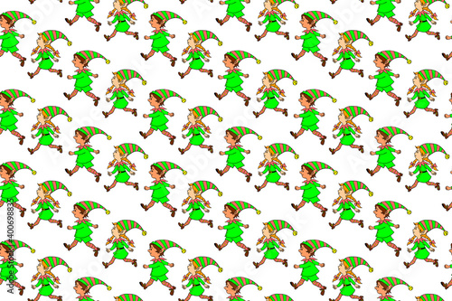 Vector Seamless pattern with running Christmas elves. New year Xmas hand drawn backgrounds and textures. For greeting cards  wrapping paper  packaging  textile  fabric  prints