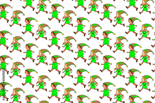 Vector Seamless pattern with running Christmas elves. New year Xmas hand drawn backgrounds and textures. For greeting cards, wrapping paper, packaging, textile, fabric, prints
