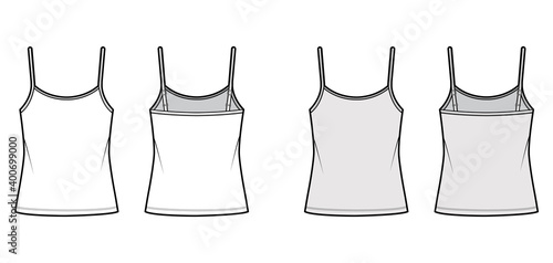 Camisole scoop neck cotton-jersey top technical fashion illustration with thin adjustable straps, oversized. Flat outwear tank template front, back, white, grey color. Women men unisex CAD mockup