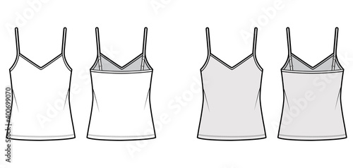 Camisole V-neck cotton-jersey top technical fashion illustration with thin adjustable straps, oversized, tunic length. Flat outwear tank template front, back, white, grey color. Women men CAD mockup
