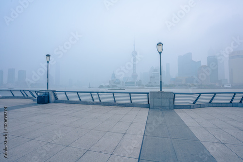 The bund in Shanghai, on a thick foggy day.