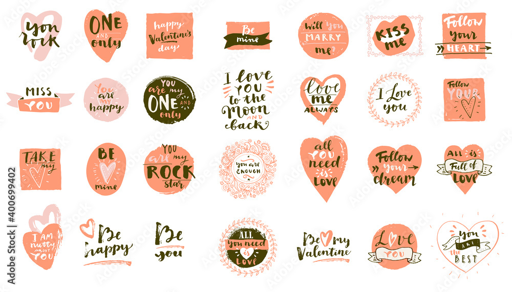 Naklejka premium Set of Boho Love hand drawn logos. Valentines Day quotes for Bohemian style badges, postcards, photo overlays, greeting cards, T-shirts, prints in retro style. Vintage calligraphic vector illustration