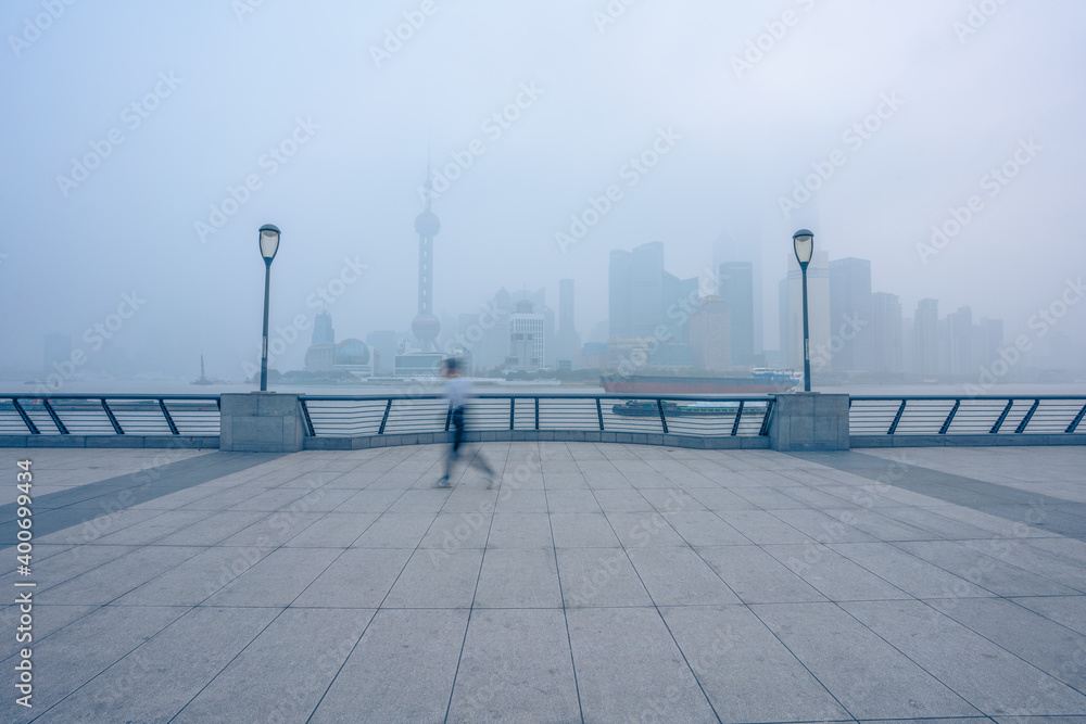 The bund in Shanghai, on a thick foggy day. The bund in Shanghai, on a thick foggy day.