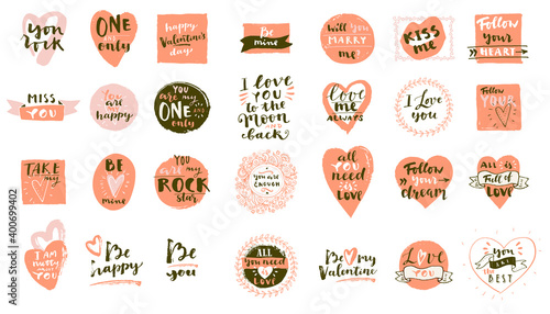 Set of Boho Love hand drawn logos. Valentines Day quotes for Bohemian style badges, postcards, photo overlays, greeting cards, T-shirts, prints in retro style. Vintage calligraphic vector illustration
