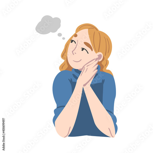 Starry-eyed Woman Dreaming and Fantasizing Imagining Something in Her Head Vector Illustration