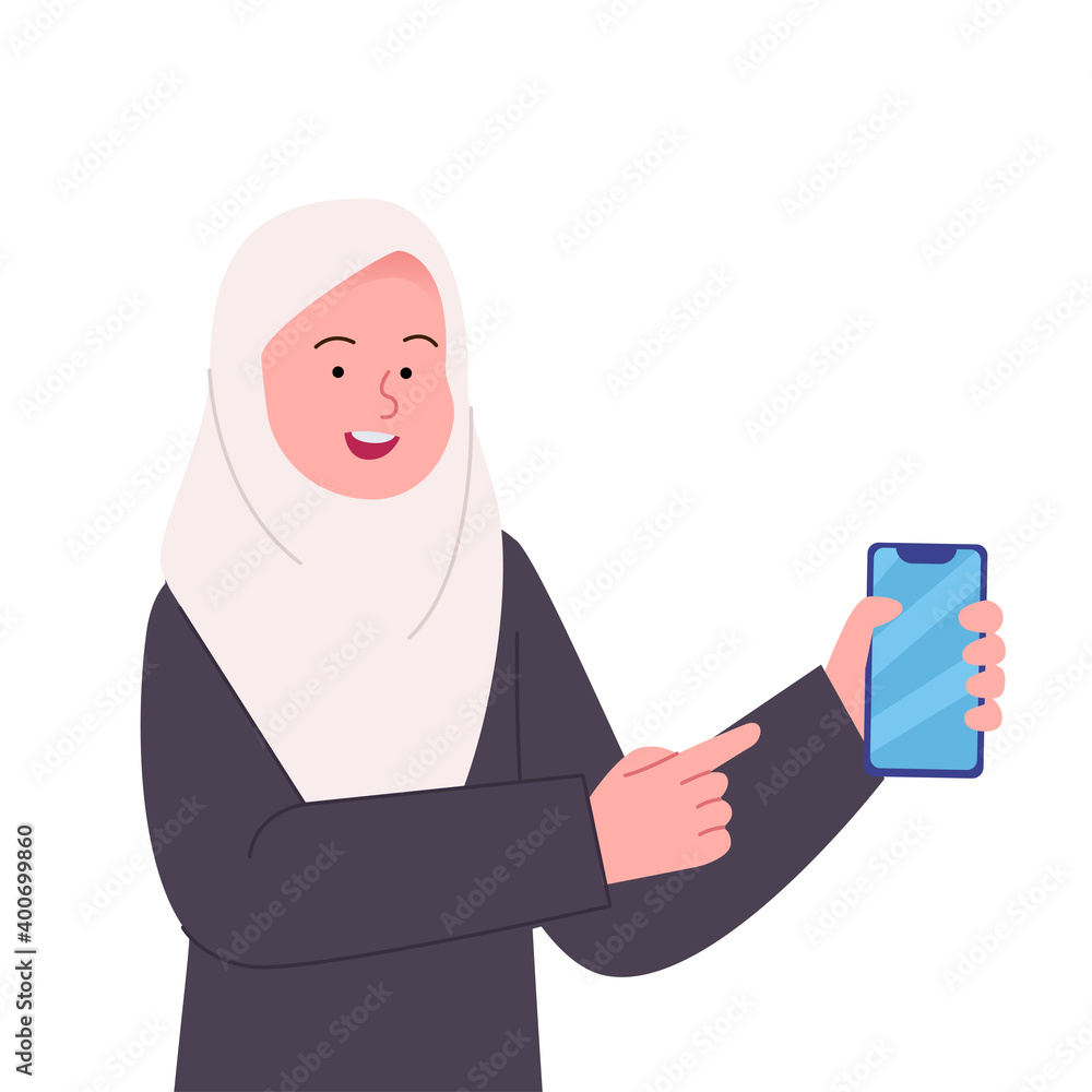 Happy Arabian hijab woman pointing to smartphone flat illustration Happy Arabian hijab woman pointing to smartphone flat illustration