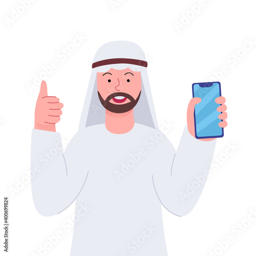 Arabian Man Smile Thumbs Up Holding Smartphone Flat Illustration