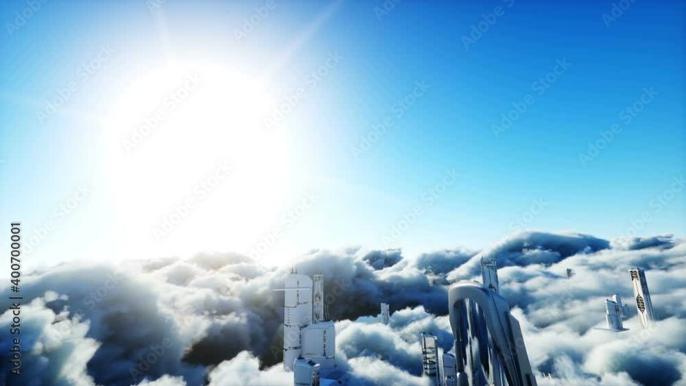 Futuristic sci fi city in clouds. Utopia. concept of the future. Flying passenger transport. Aerial fantastic view. Realistic 4k animation. Futuristic sci fi city in clouds. Utopia. concept of the future. Flying passenger transport. Aerial fantastic view. Realistic 4k animation.