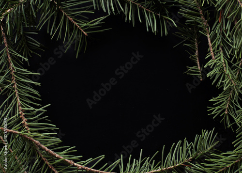 frame of fresh fir branches on black background. Space for text.