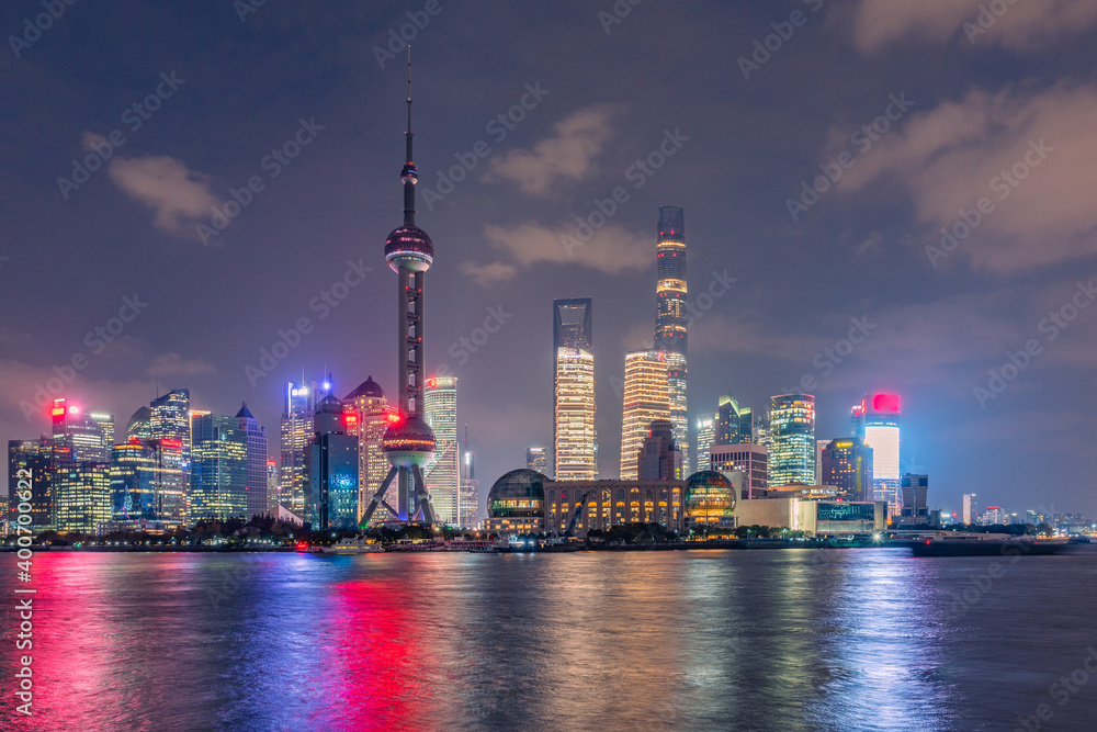 Night view of Lujiazui, the financial district and modern skyline in Shanghai, China.