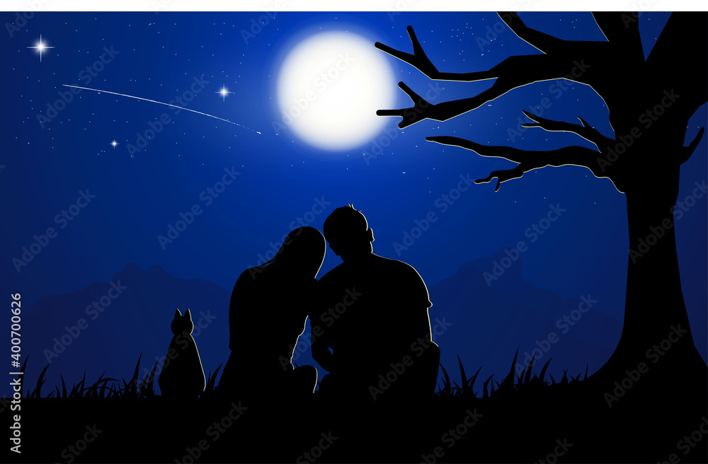 A Couple Man And Woman Sitting Under Tree With Moon On Sky At Night Time Design Vector Illustration Stock Vector Adobe Stock A Couple Man And Woman Sitting Under Tree With Moon On Sky At Night Time Design Vector Illustration Stock Vector Adobe Stock
