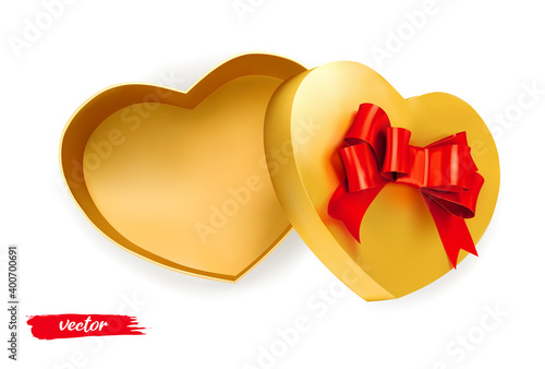 Gold empty box heart with red bow on white background. Open gift box. 3d realistic vector. Romantic holiday presents Heart shape. Vector illustration. photo