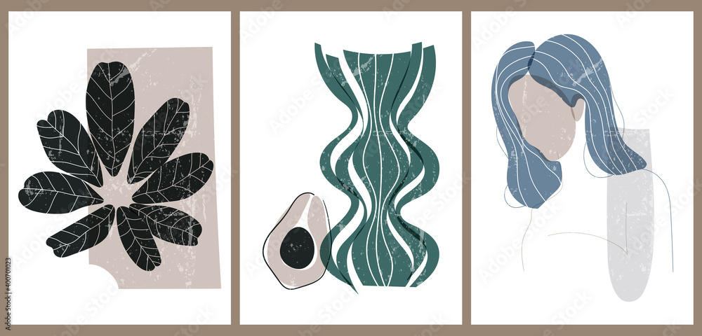 A set of three colorful aesthetic backgrounds. Minimalistic posters for social networks, web design. Vintage illustrations with geometric shapes, plants, woman's face, vases, avocado, waves.