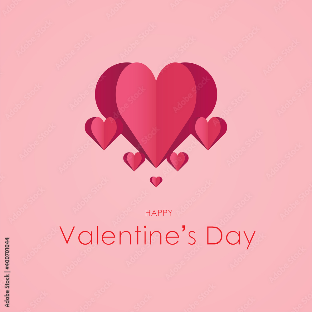 Paper elements in shape of heart on pink background. Vector symbols of love for Happy Valentine's Day, greeting card design, Vector and illustration.