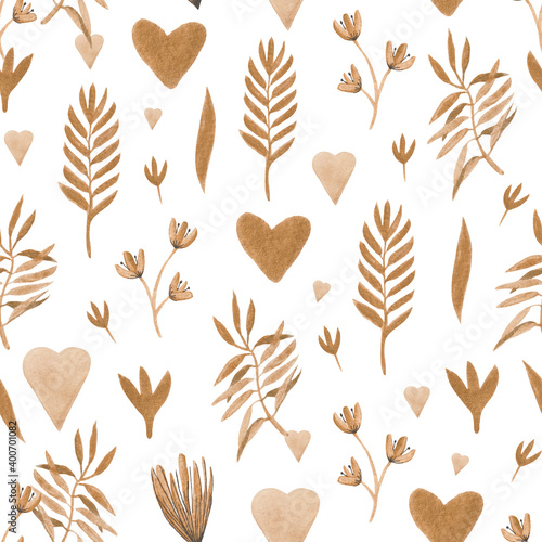 Seamless pattern of plants in boho style with hearts, made with gold paint with a touch of watercolors. For products about love, affection, Valentine's Day.