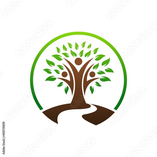 Tree with silhouettes of people. logo for charity, education, community and care for nature
