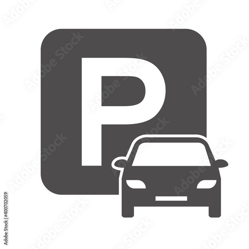 Flat parking icon for banner design. Information icon vector. Gray image on white backdrop. Blue background. Parking lot.