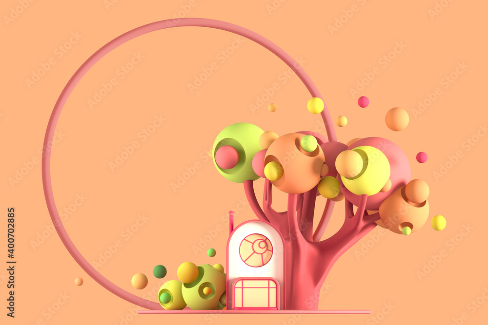 Abstract cartoon fairy-tale tiny cozy home in pastel autumn colors against a background of fantastic stylized plants, trees and grasses with a frame for a copy of space is isolated. 3d illustration