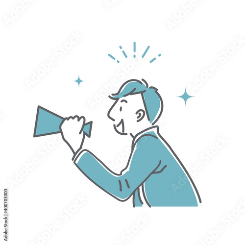 笑顔で元気に応援するビジネスパーソンのシンプルな手描き線画イラスト素材　グレー＆ブルー