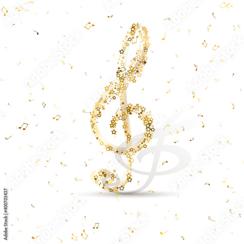  Luxury Gold Treble Clef of the stellar against on flying random golden notes. Beautiful musical notation symphony for banner of festival, print design, melody recording, design back layers. Vector