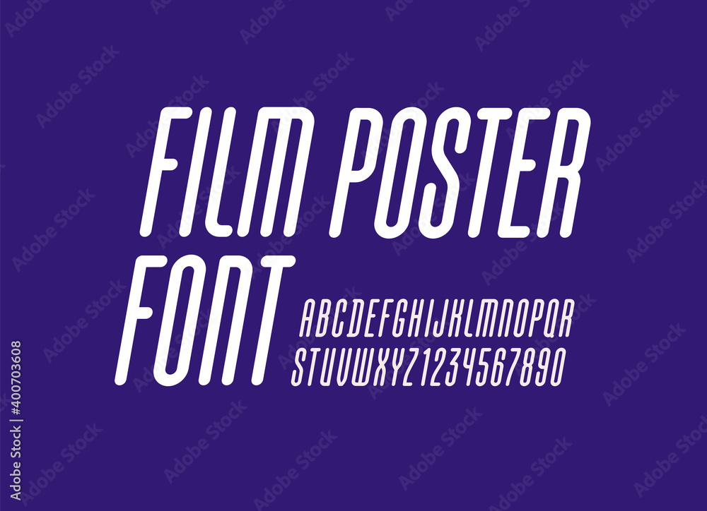 Condensed font, trendy high alphabet sans serif, modern white letters and numbers, for your designs: logo, movie banner, cinema poster and more, vector illustration 10EPS