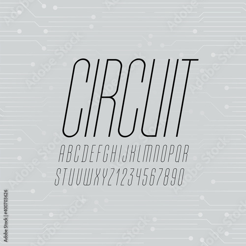 High ultra thin font, condensed tall alphabet , uppercase italic letters and numbers, vector illustration 10EPS