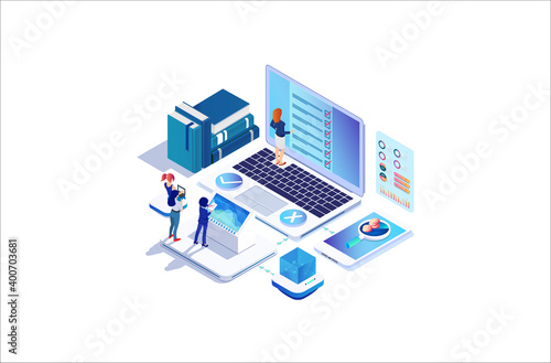Modern Isometric Online survey concept with characters. illustration isolated on white background, Can use for web banner, infographics,  . Suitable for Diagrams, Graphic Related Asset © Fectopus