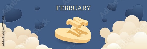 3D inscription February 14 among blue hearts and milky clouds. Valentine's Day horizontal poster. Romantic concept for greeting card. Valentines Day website headers template. Vector stock illustration