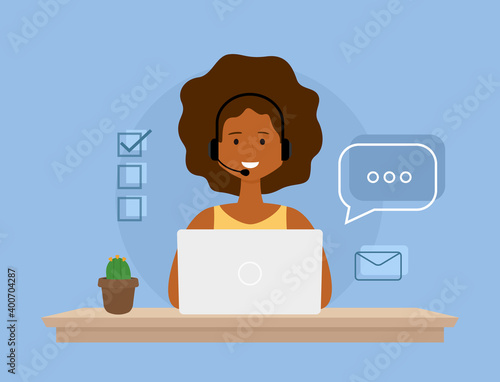 Vector illustration of operator of call center office consulting a client. Online customer service concept.