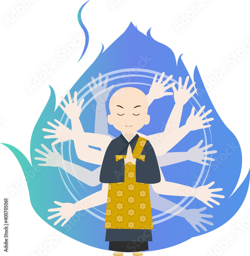 千手観音と悟りを開いたお坊さんのイラスト