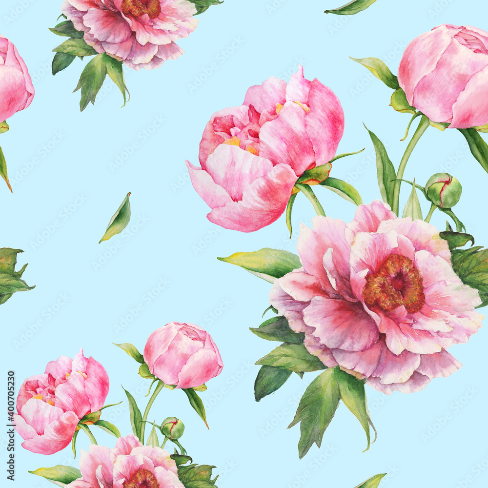 Fototapeta premium Romantic seamless pattern with watercolor bouquet of pink peonies. For backgrounds, textiles, wrapping papers, greeting cards