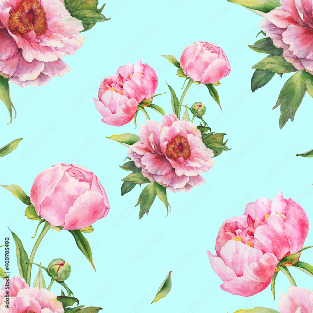 Romantic seamless pattern with watercolor bouquet of pink peonies. For backgrounds, textiles, wrapping papers, greeting cards.