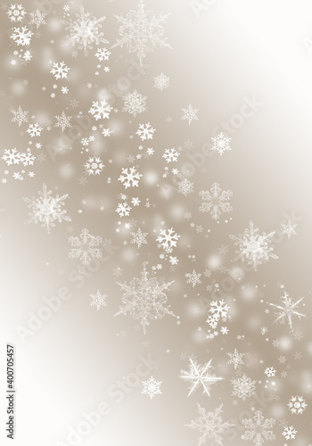 Golden beige snow background blue. Christmas snowfall with defocused flakes. Winter concept with falling snow. Holiday texture and white elements.